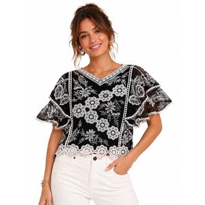 Sapphire Black White Floral Embroidered Flutter Sleeve Top L Cottagecore Boho
